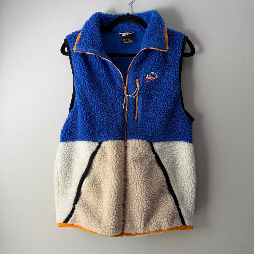 Nike Sherpa Fleece Vest Women XS Blue Cream Colorblock Full Zip Sportswear